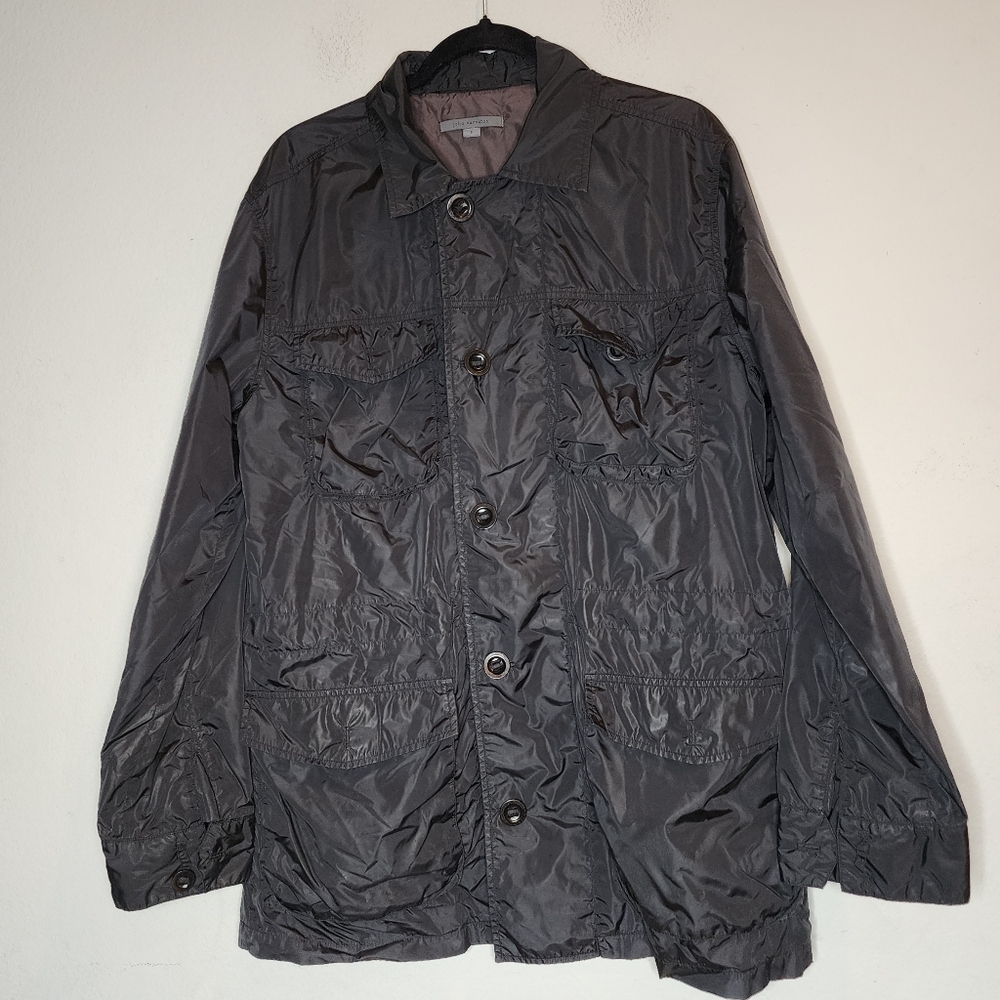 John Varvatos Black Lightweight Button Front Jacket Nylon Size Small Oversized.